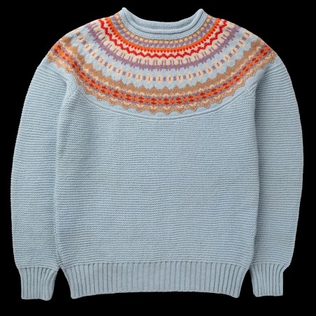 Grobstrick-Wollpullover mit schönem Fair-Isle Muster vom schottischen Label ERIBÉ . Angenehm weich, unkomplizierter Schnitt.